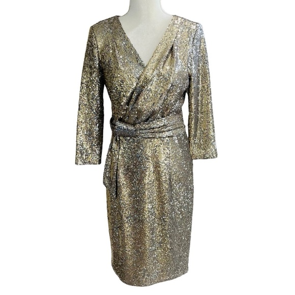 Calvin Klein Gold  Silver V-Neck Sequin Mesh Dress 3/4 Sleeve Sheath Cocktail - Picture 1 of 11